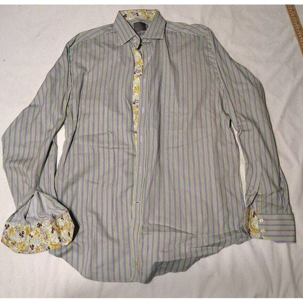 Thomas Dean TD Mens Long sleeve shirt button down Stiped flip cuff Size LG M